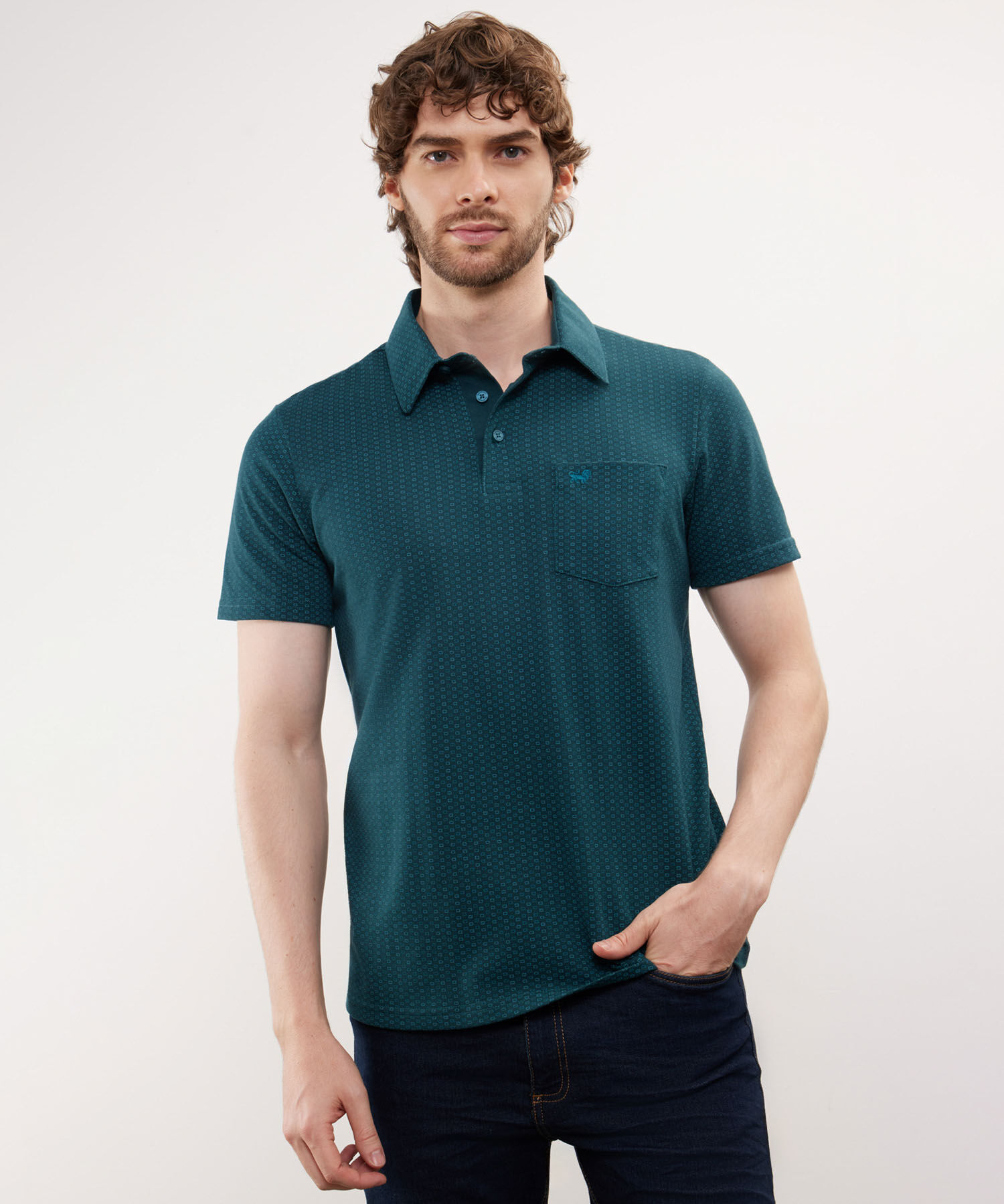 Polo Estampada, Cuello Maquina Duro Con Bolsillo, Silueta Regular Fit Blanco