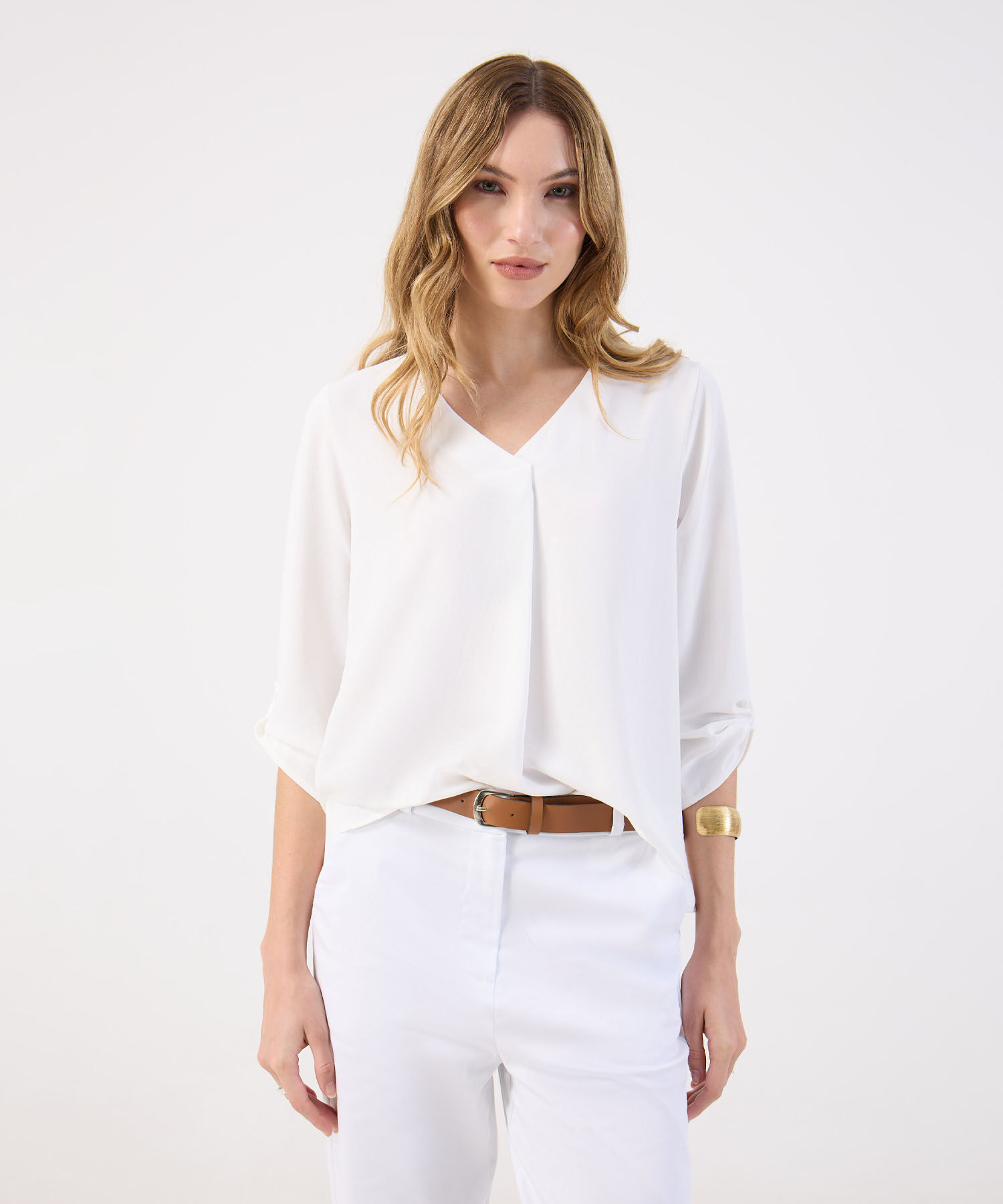 Blusa De Mujer Fluida Escote V Manga Tres Cuartos