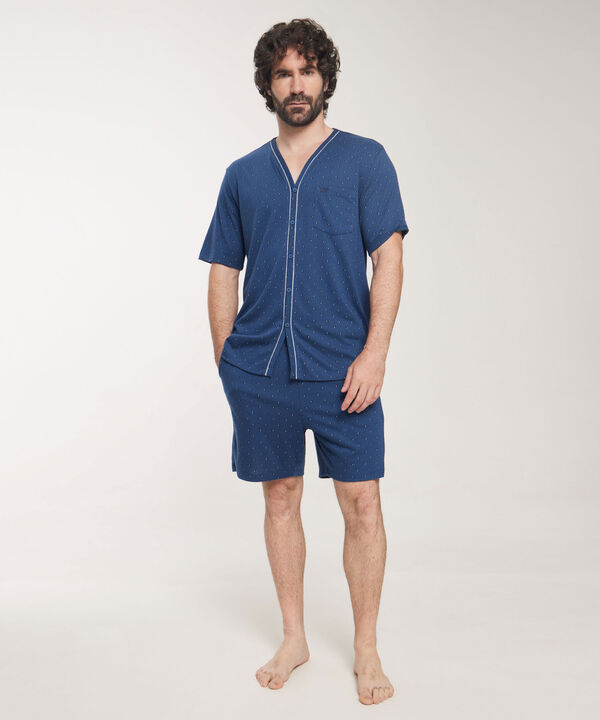 Pijama Camisa Manga Corta De Pijama Cuello V Con Pechera Y Vena En Contraste, Pantaloneta Con Hiladillo