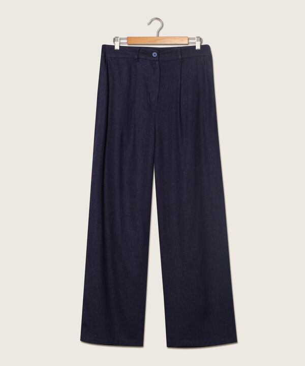Pantalón Unicolor Tiro Alto Con Prenses, Bota Recta, Bolsillos Laterales Y Ribetes Traseros