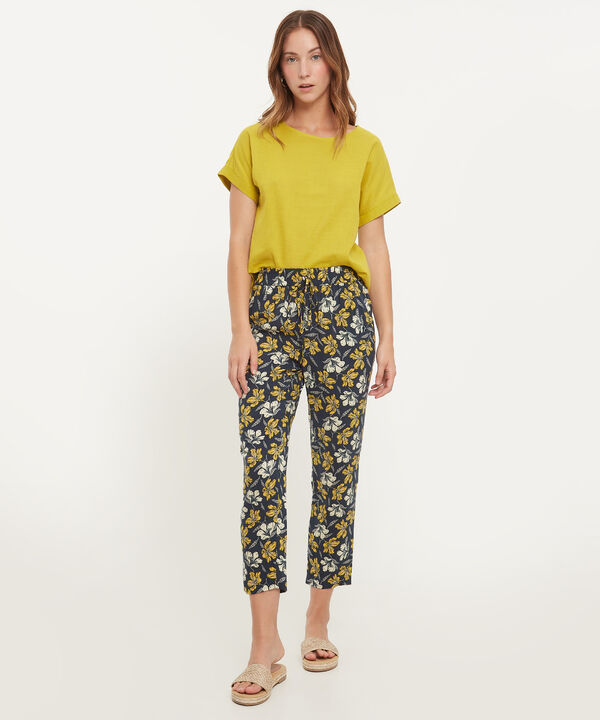 Pantalón Estampado Con Elástico En Cintura, Bolsillos Laterales Y Anudado Decorativo, Líneas