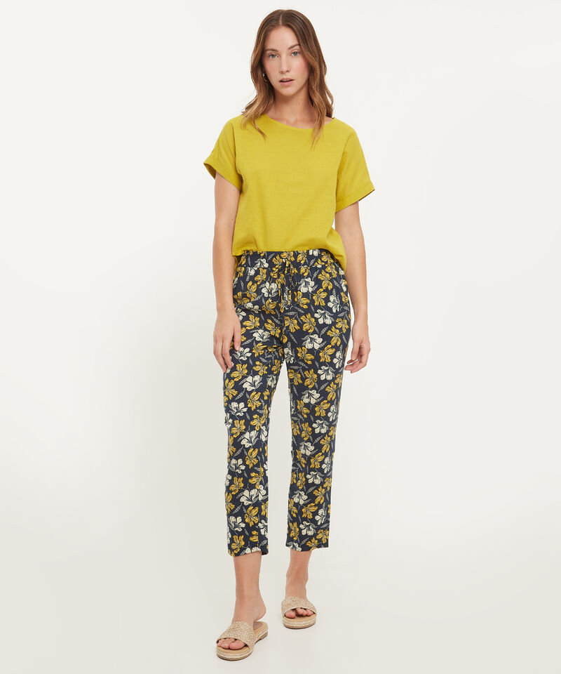 Pantalón Estampado Con Elástico En Cintura, Bolsillos Laterales Y Anudado Decorativo, Líneas