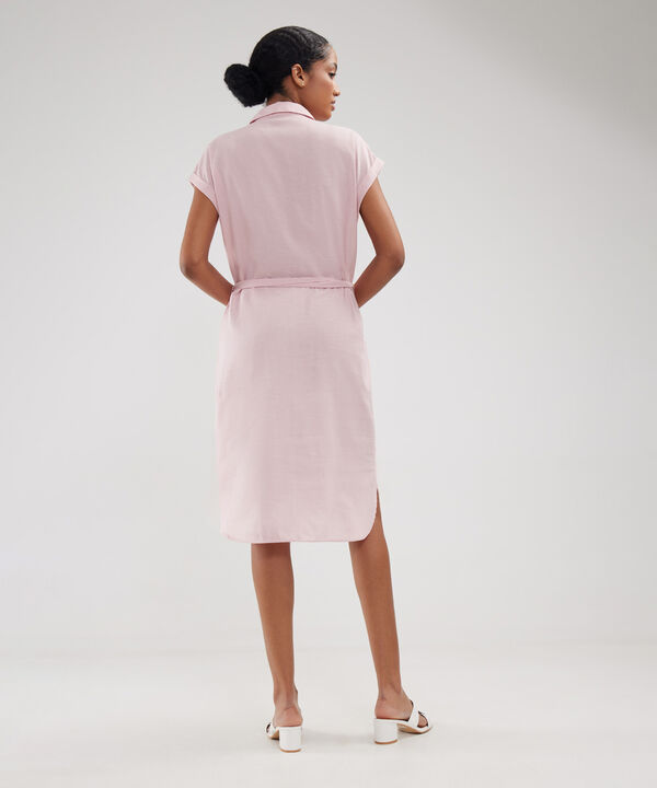 Vestido Camisero En Lino Unicolor Con Cinturon