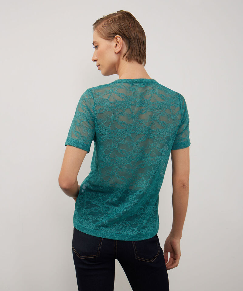 Camiseta Unicolor Manga Corta, Cuello Redondo En Encaje