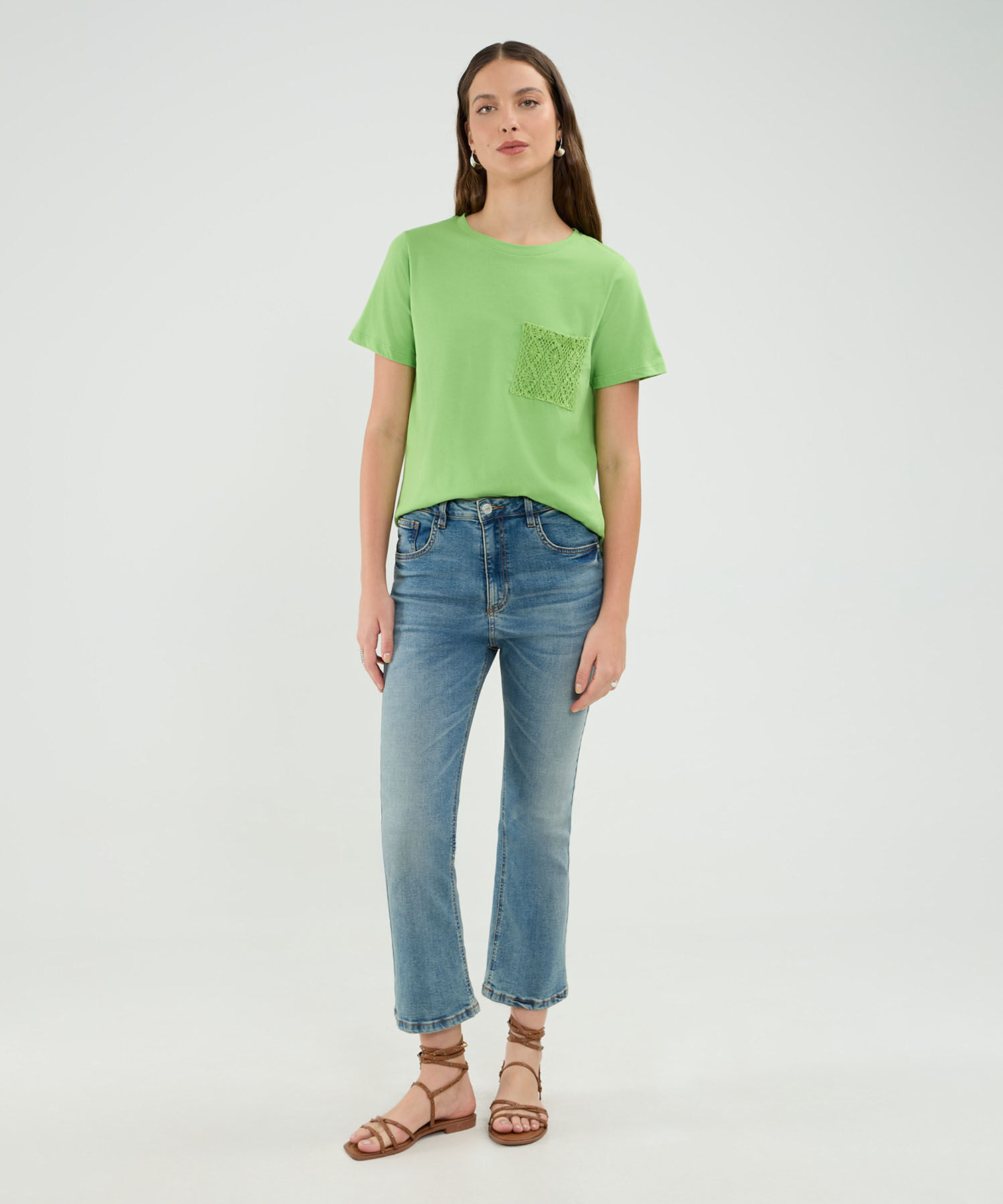 Camiseta Manga Corta, Cuello Redondo, Con Bolsillo En Encaje Para Mujer