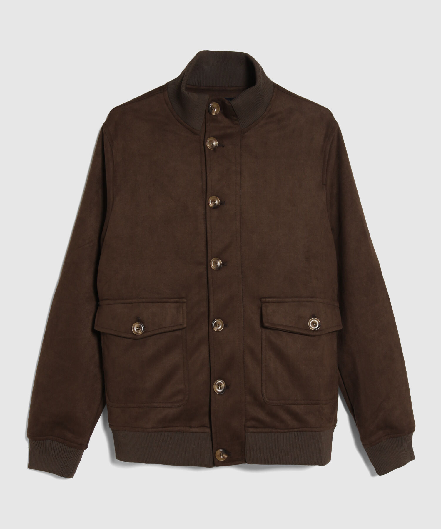 Chaqueta En Suede Manga Larga Cuello Alto Combinación Rib Botones En Frente