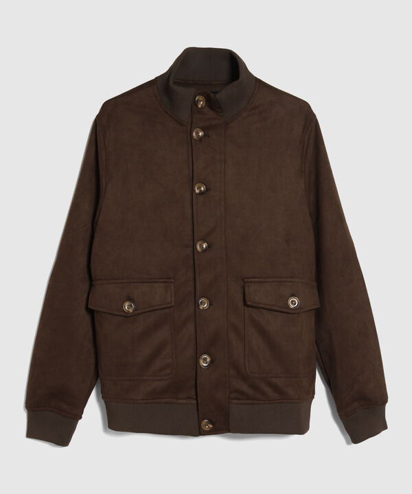 Chaqueta En Suede Manga Larga Cuello Alto Combinación Rib Botones En Frente