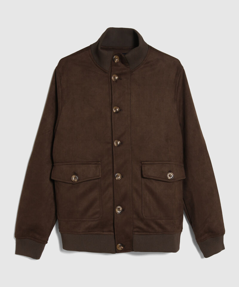 Chaqueta En Suede Manga Larga Cuello Alto Combinación Rib Botones En Frente