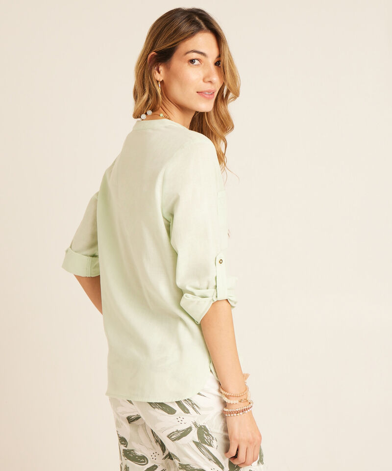 Blusa Unicolor, Manga Larga Con Charretera, Cuello En V Con Cuello Neru Y Bolsillos