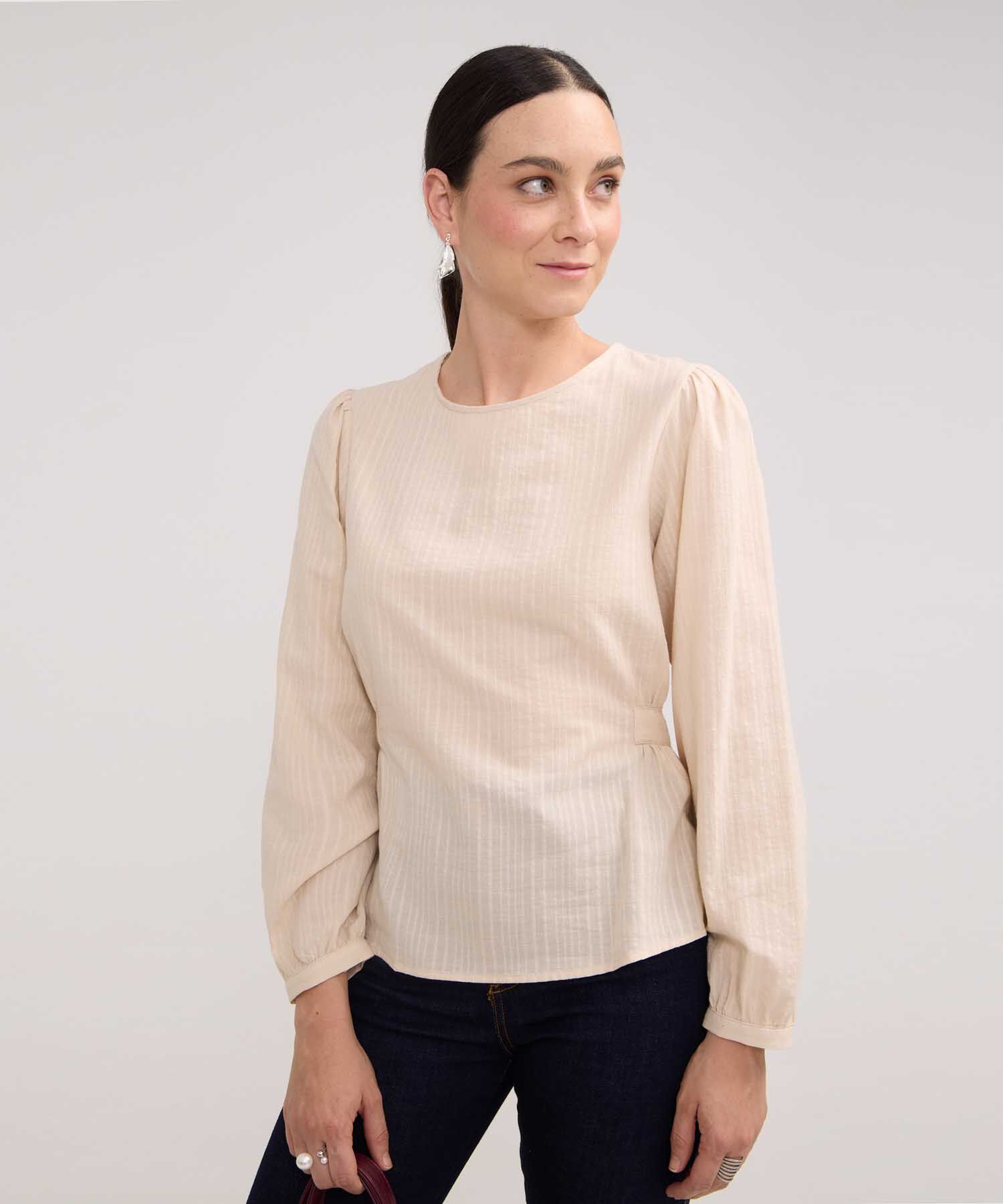 Blusa Unicolor, Manga Larga Con Cinturón
