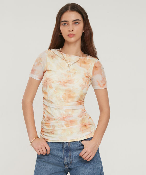 Camiseta Drapeada Estampada Manga Corta
