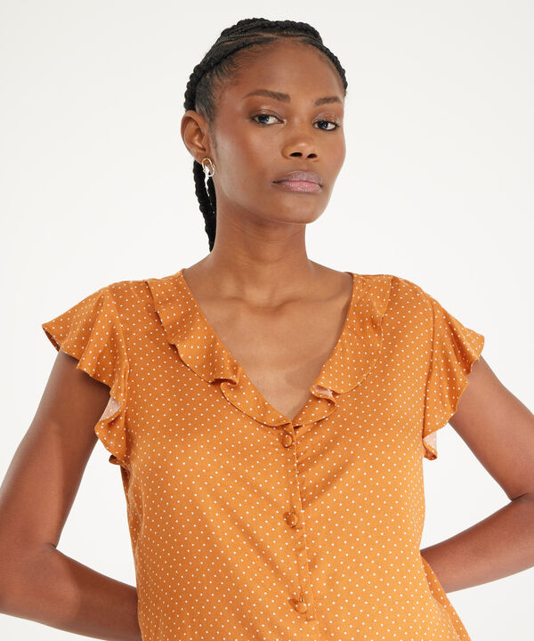Blusa Estampada Manga Sisa  Con Bolero, Cuello En V Con Bolero Y Botonadura En Frente