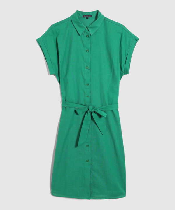 Vestido Camisero En Lino Unicolor Con Cinturon