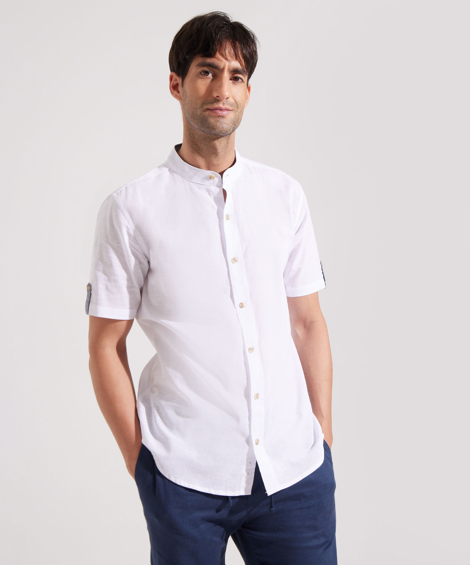 Camisa Cuello Neru Unicolor Manga Corta