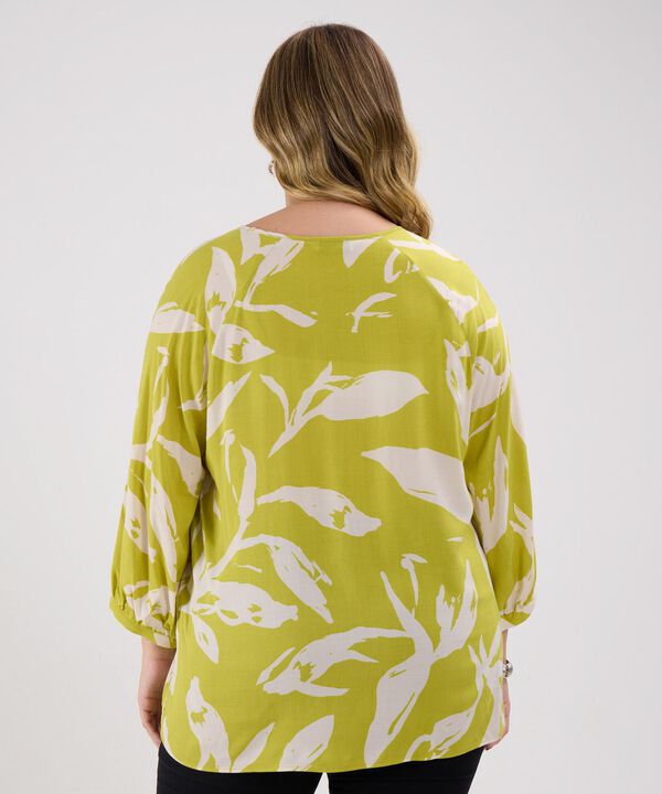 Blusa Estampada, Escote Redondo, Manga 3/4 Con Recogido En Puños