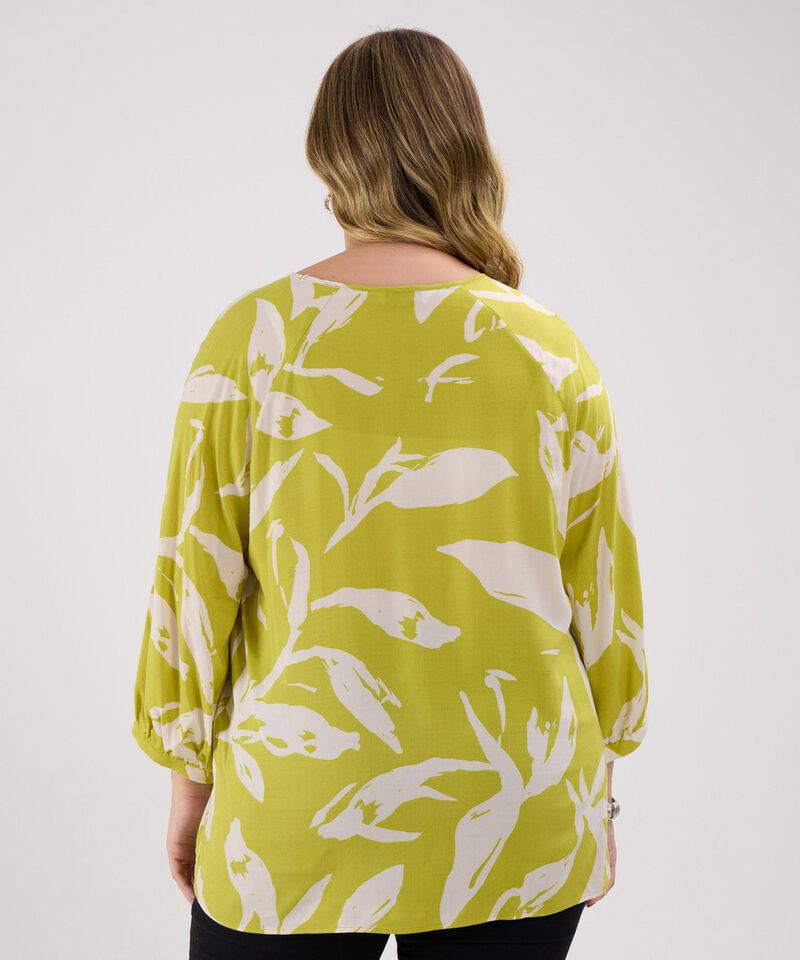 Blusa Estampada, Escote Redondo, Manga 3/4 Con Recogido En Puños