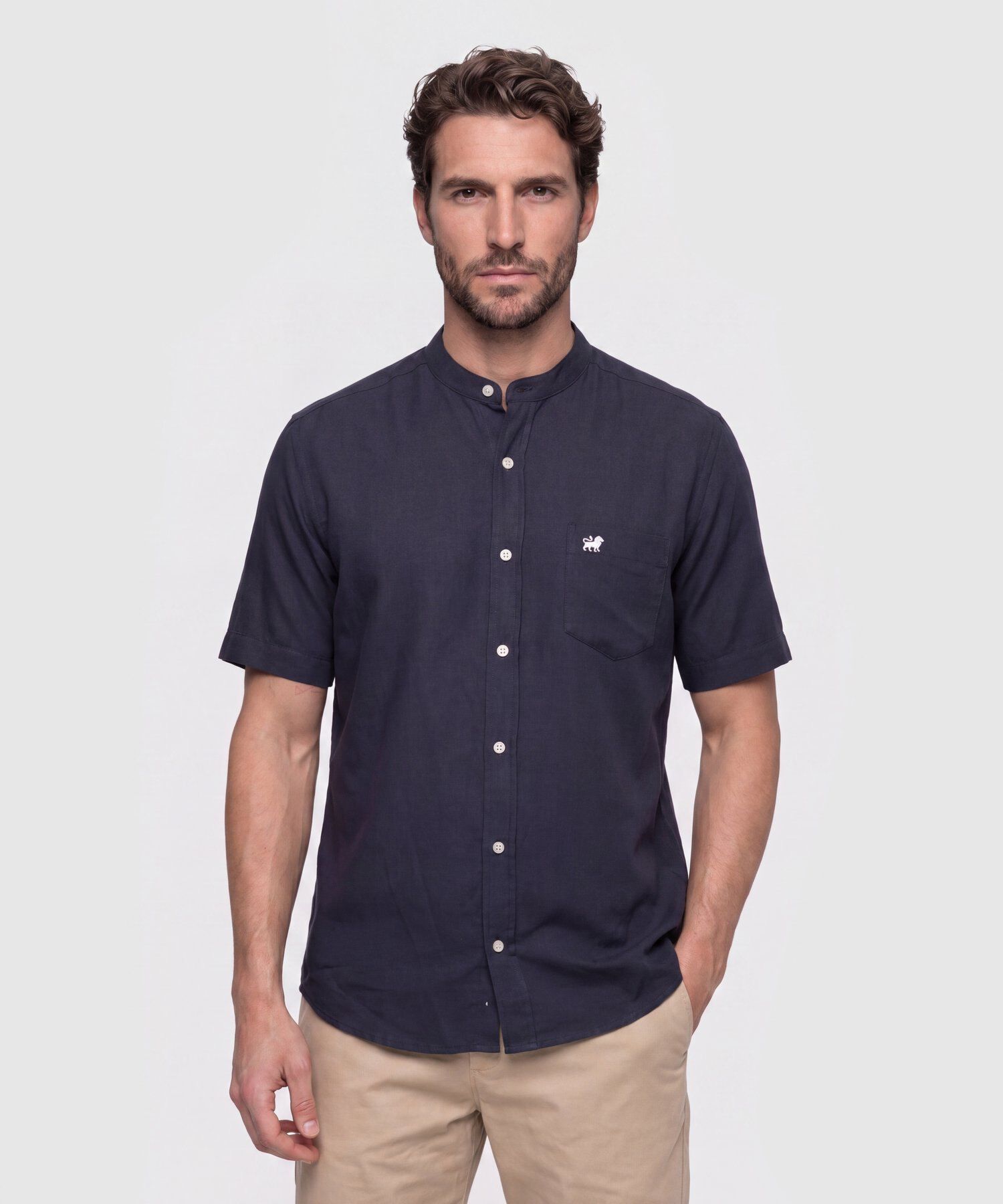 Camisa Unicolor Cuello Mao Con Bolsillo 