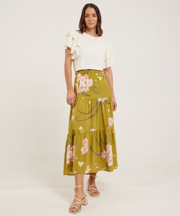 Falda Campesina Estampada Con Cintura Elástica, Trópico Floral