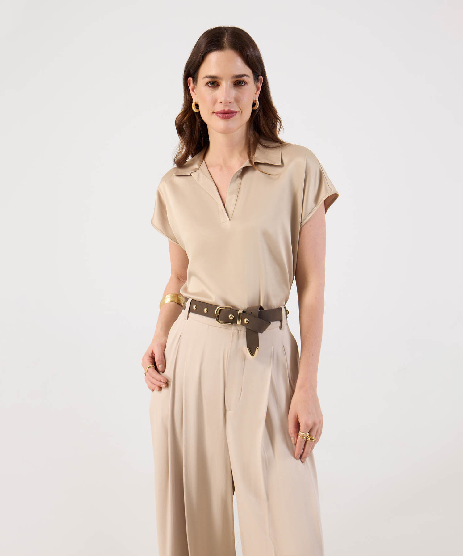 Blusa Unicolor Con Cuello Camisero Para Mujer