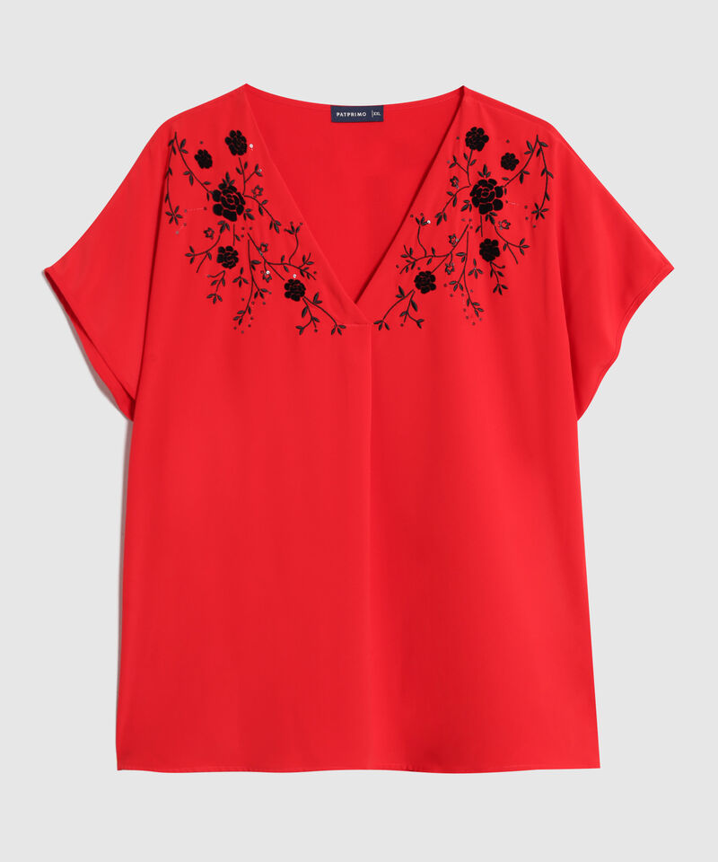 Blusa Con Bordado Frontal Para Mujer Escote V Manga Corta