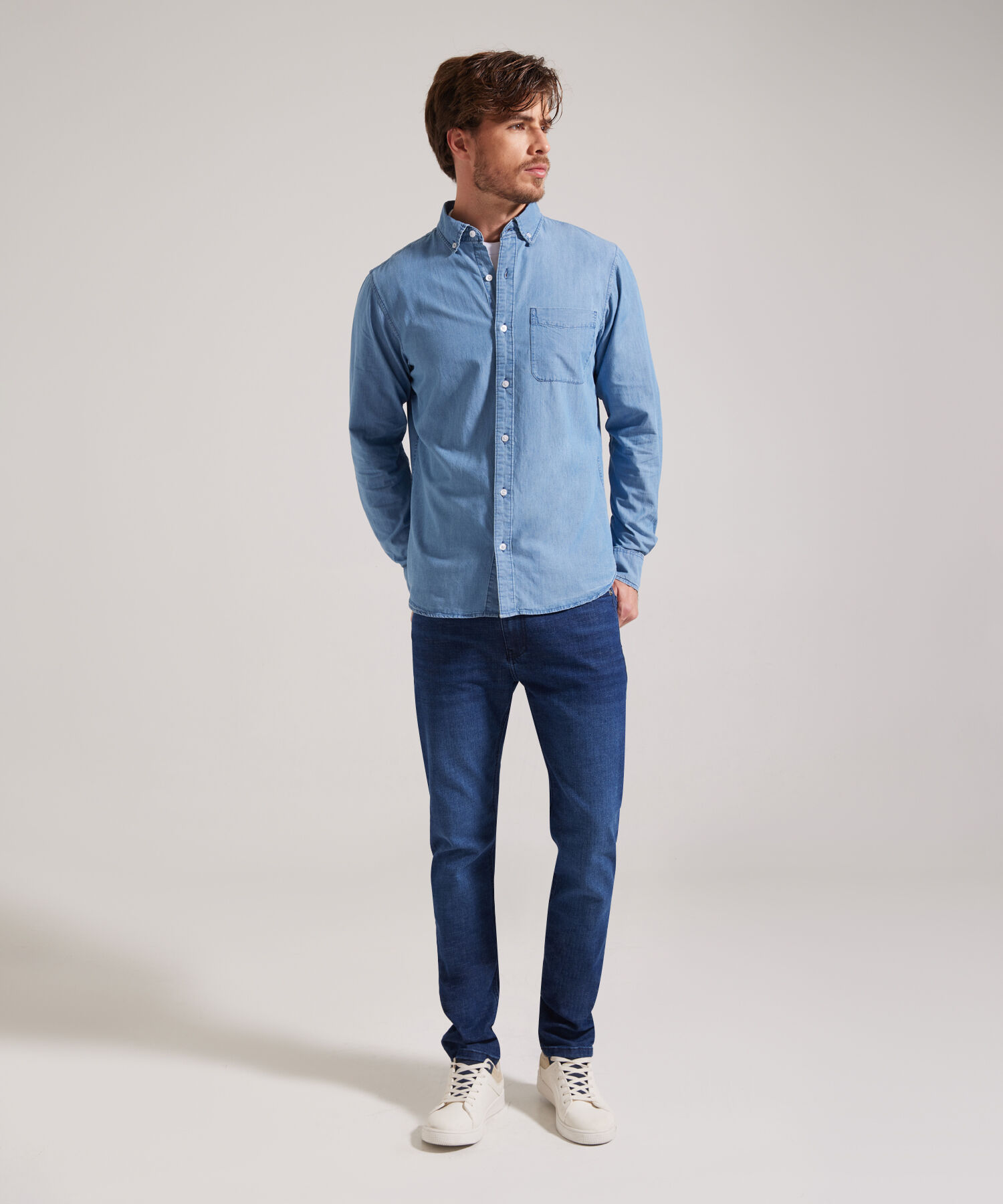 Camisa Con Bolsillo Bicelado Tono Azul Medio