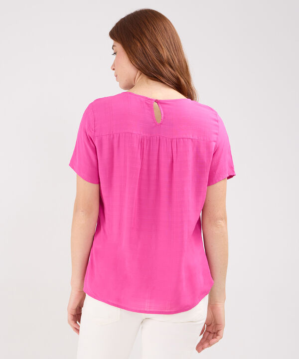 Blusa Unicolor Manga Corta, Escote Redondo Con Encaje Y Recogido Sutil