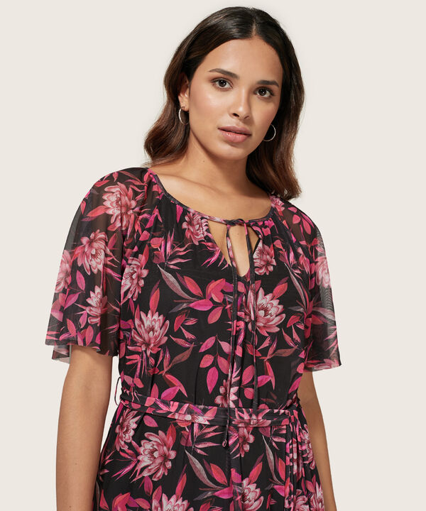 Vestido Manga Corta Midi Estampado En Tull