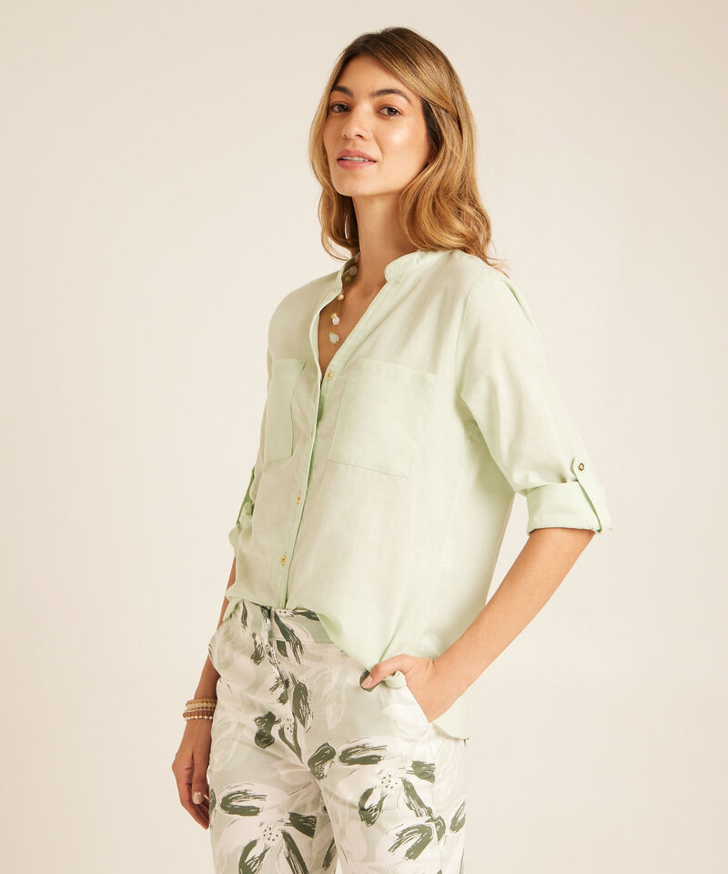 Blusa Unicolor, Manga Larga Con Charretera, Cuello En V Con Cuello Neru Y Bolsillos