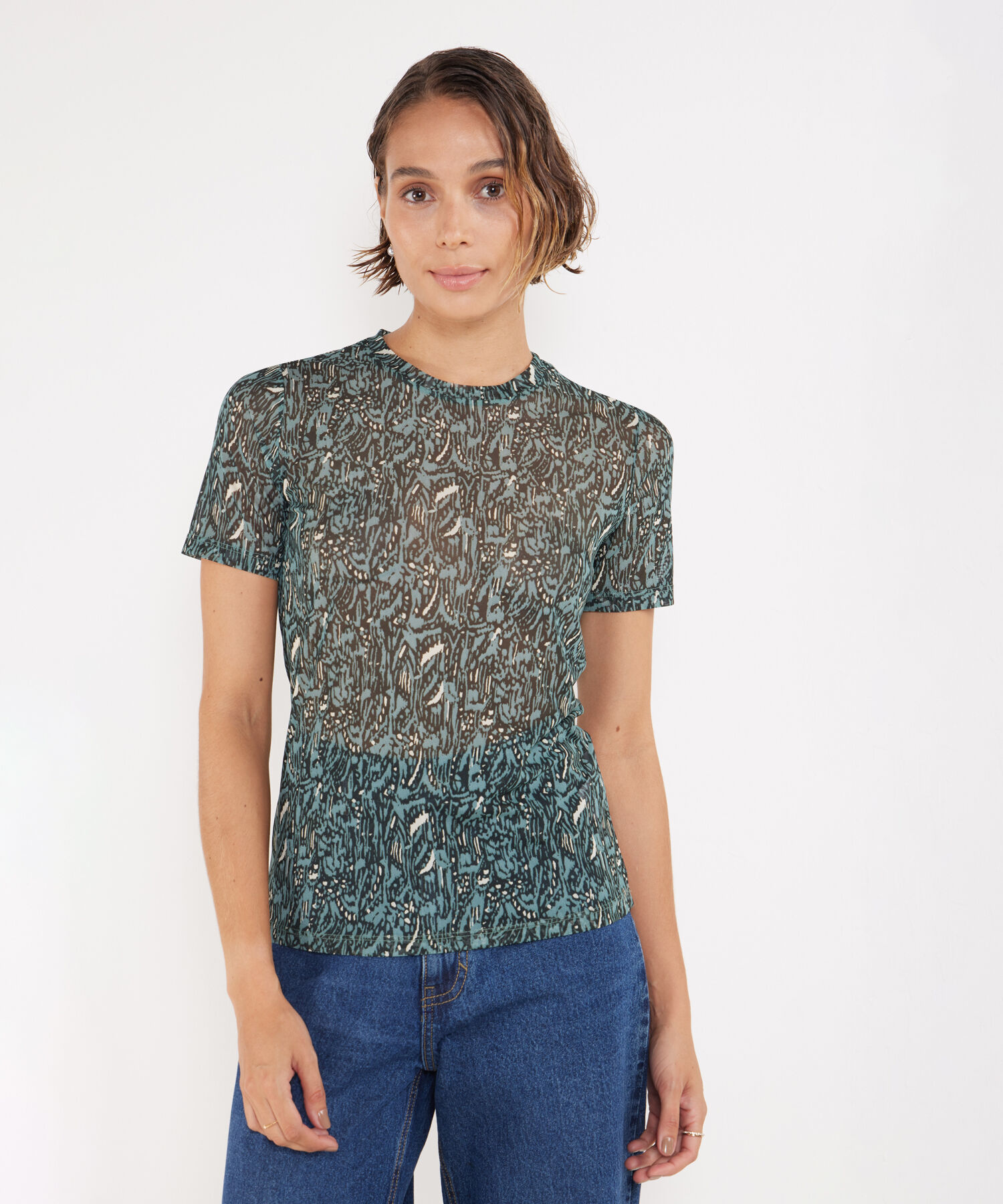 Camiseta Estampada Manga Corta, Cuello Redondo En Pieza, Bohemio Ornamental