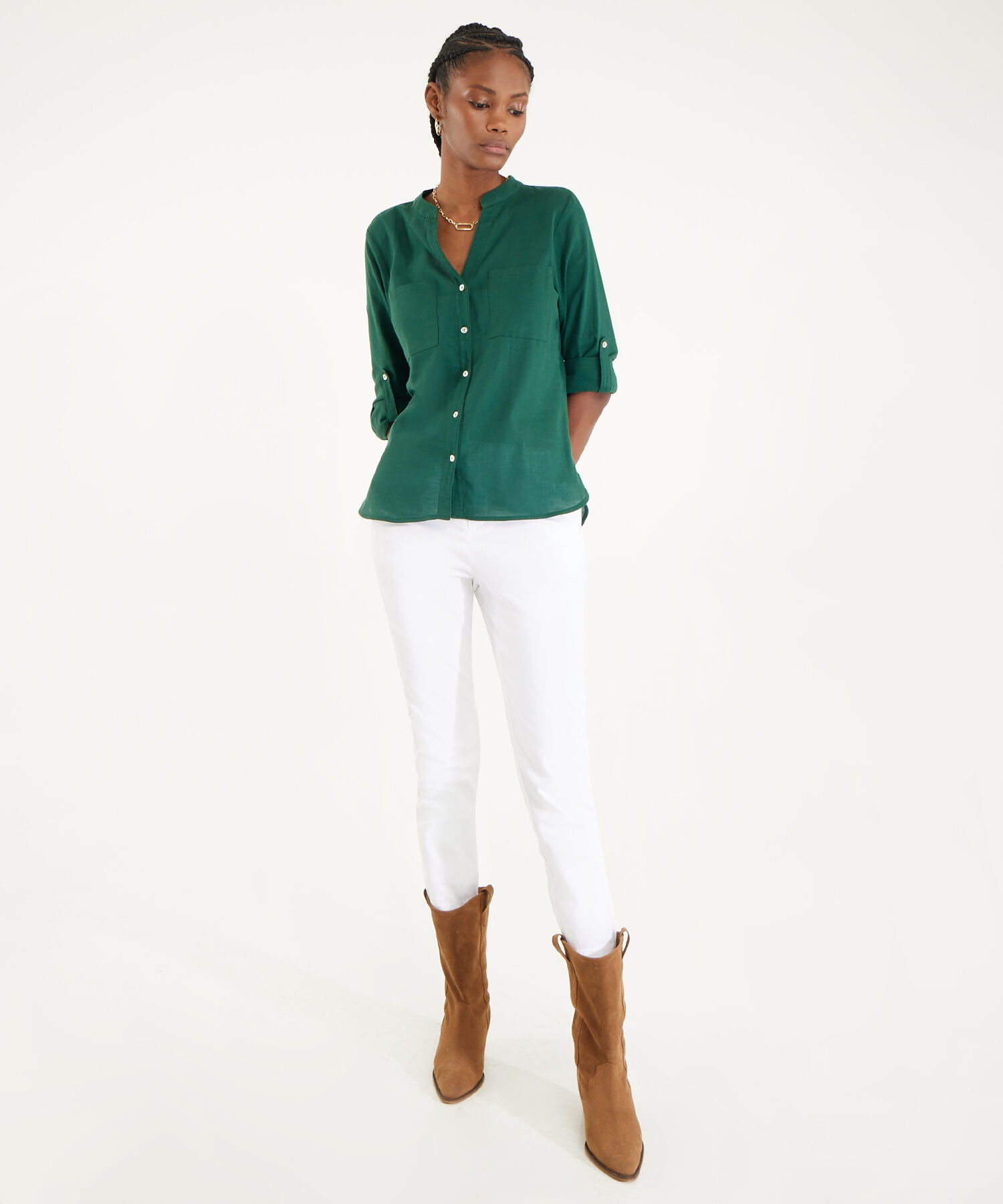 Blusa  Manga Larga Con Bolsillo Unicolor