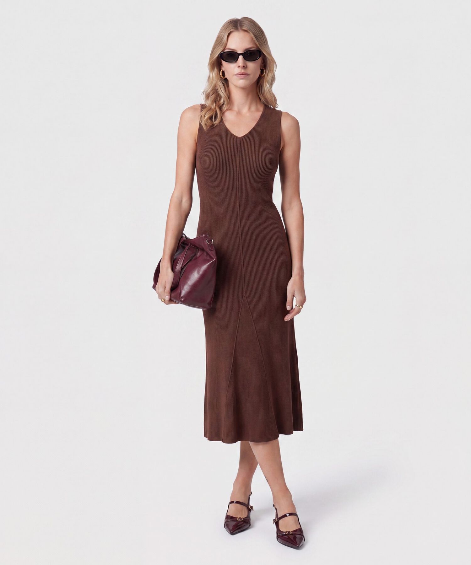 Vestido Midi Tejido Cuello V Para Mujer