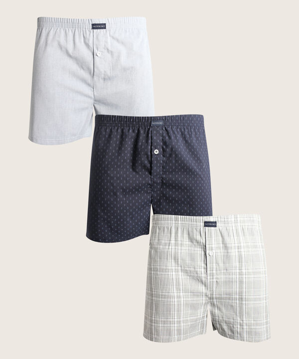 Boxer Pack X3 Pantaloncillo Tejido Plano Amplio Algodón Preteñido, Cuadro-Rayas Y Estampado