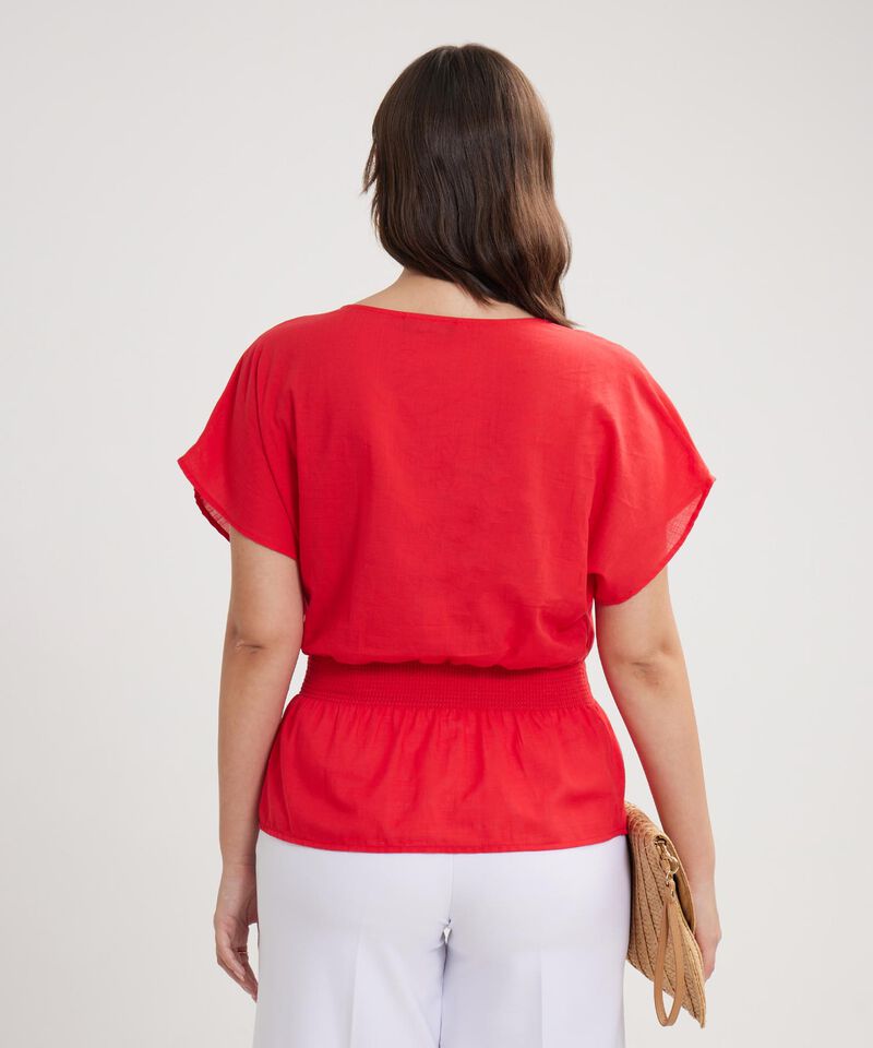 Blusa Unicolor Manga Corta, Escote V Con Encauchado En Cintura, Nautico Artesanal Línea Moda