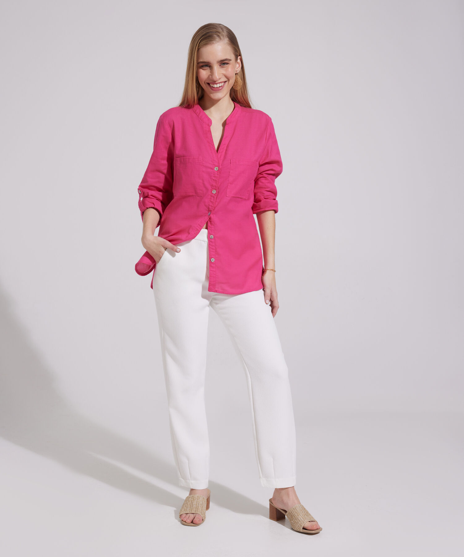 Blusa  Manga Larga Con Bolsillo Unicolor