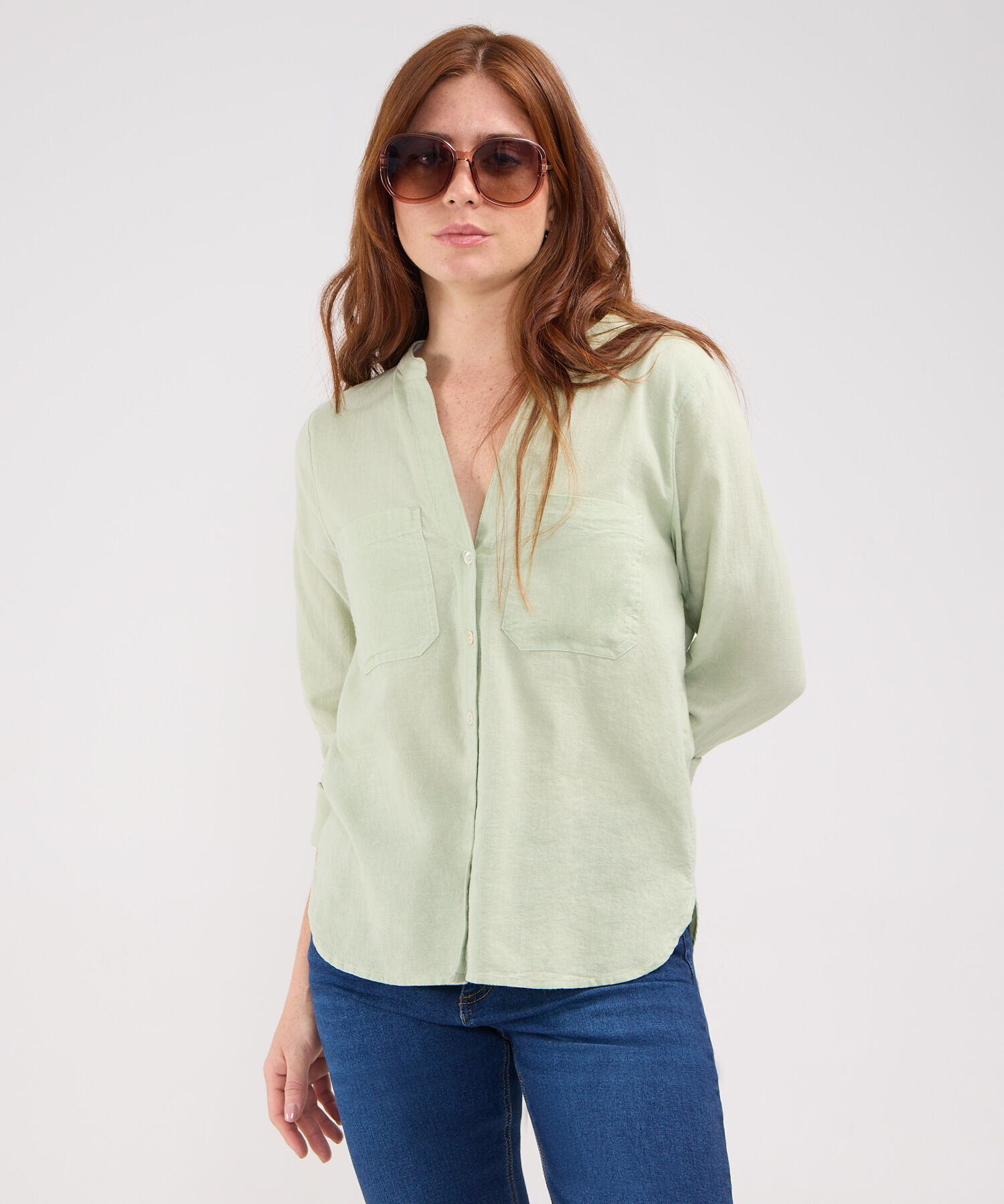 Blusa Manga Larga Unicolor En Lino