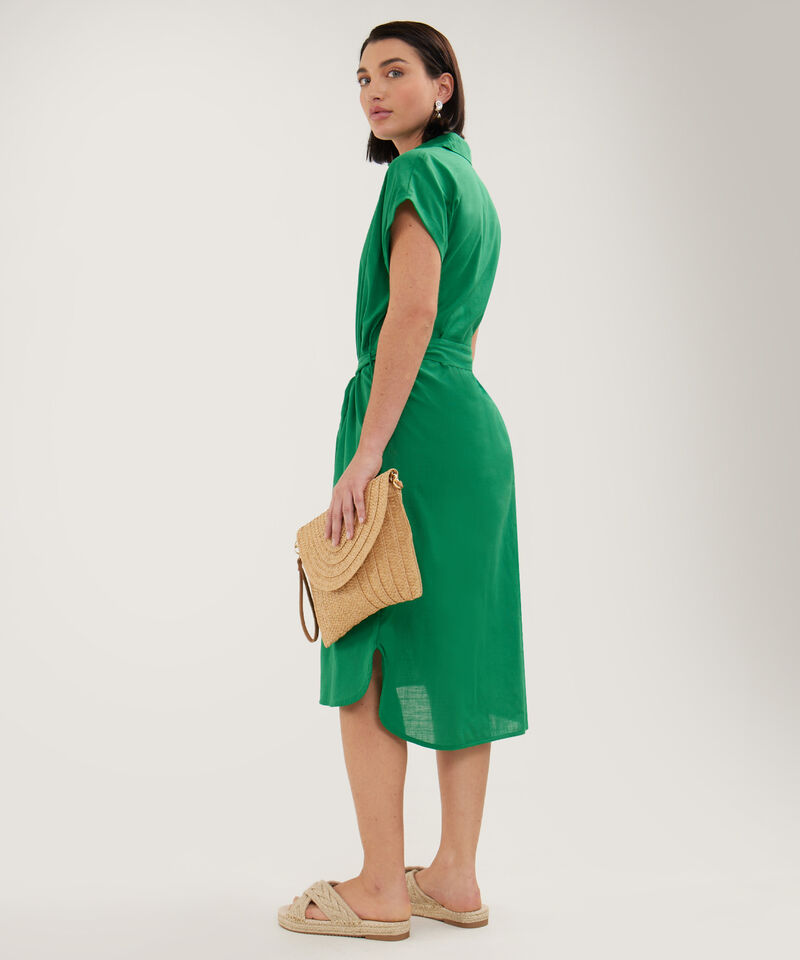 Vestido Camisero En Lino Unicolor Con Cinturon