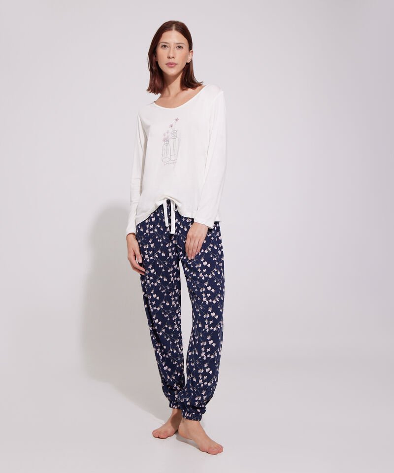 Pijama Camiseta Larga Unicolor Y Pantalón Largo Estampado
