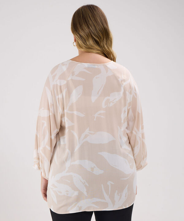 Blusa Estampada, Escote Redondo, Manga 3/4 Con Recogido En Puños