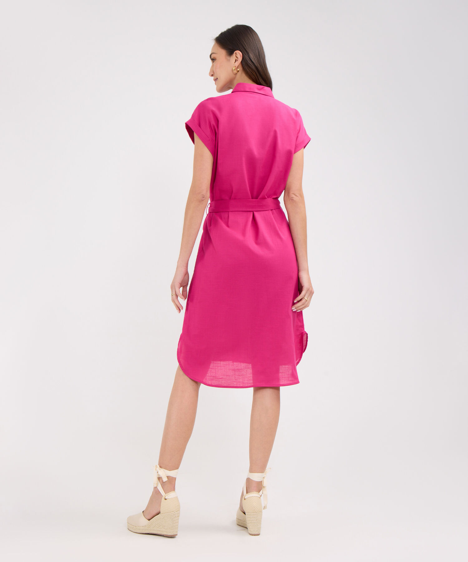 Vestido Camisero En Lino Unicolor Con Cinturon