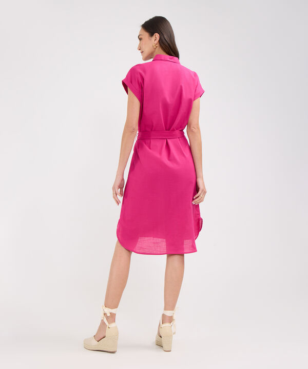 Vestido Camisero En Lino Unicolor Con Cinturon