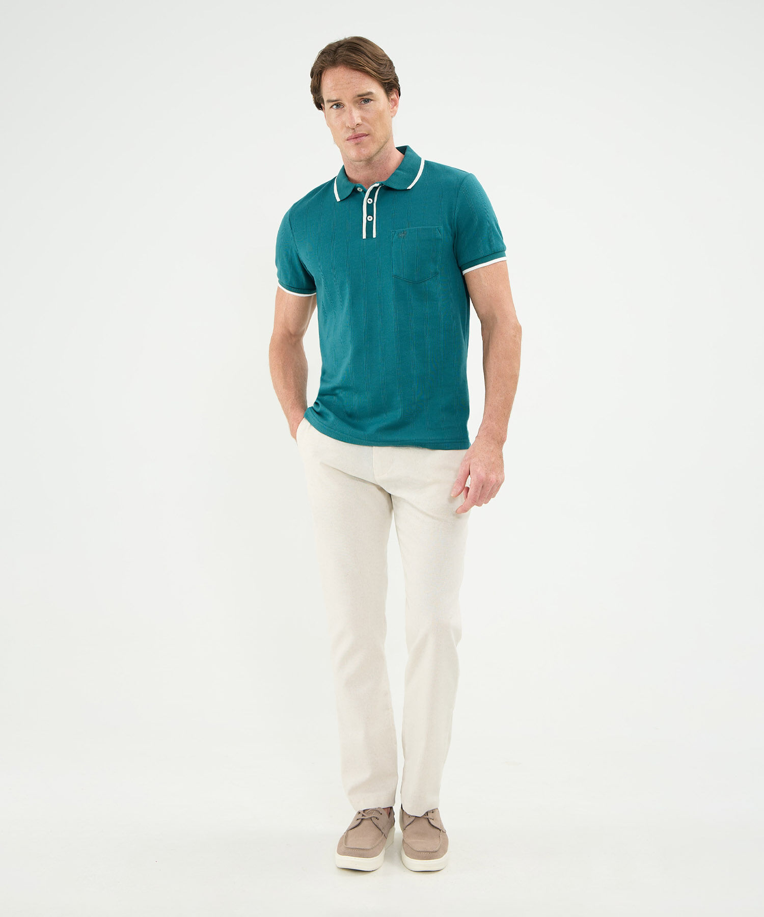 Polo Unicolor, Cuello, Puños Y Pechera Tejida