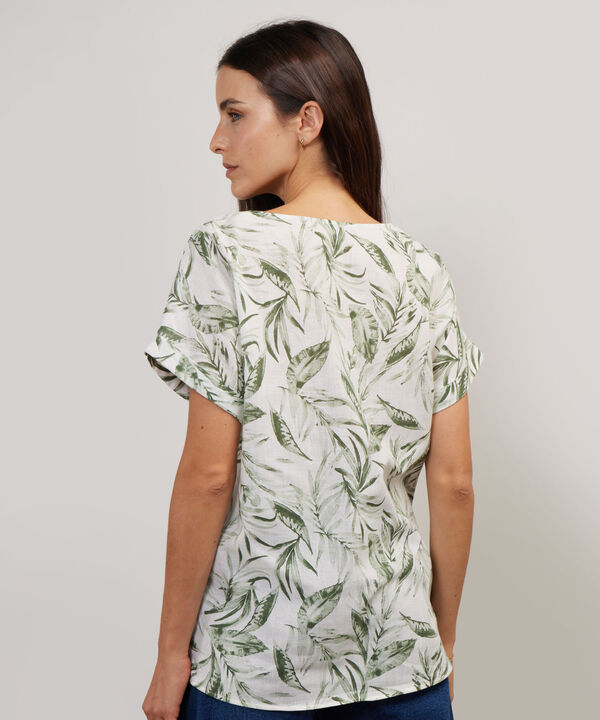 Blusa Manga Corta Con Guardapolvo  En Lino Estampada