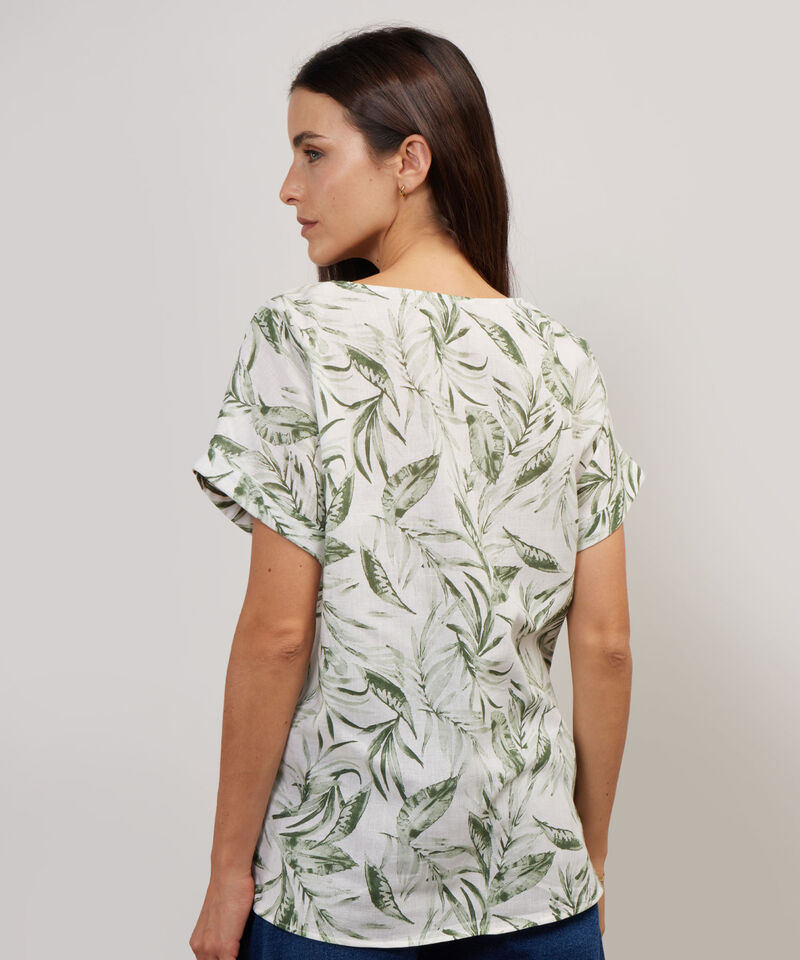 Blusa Manga Corta Con Guardapolvo  En Lino Estampada