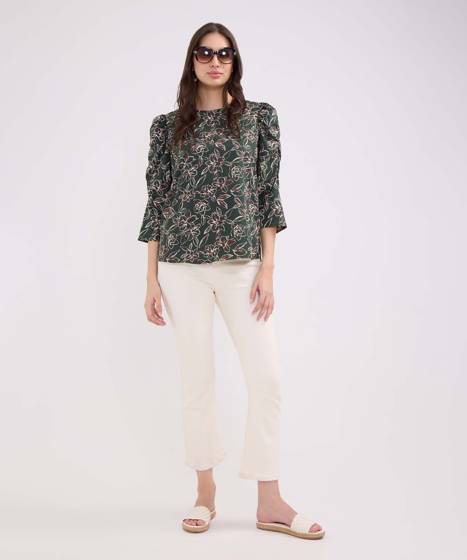 Blusa Estampada Escote Redondo, Manga 3/4 Con Recogido