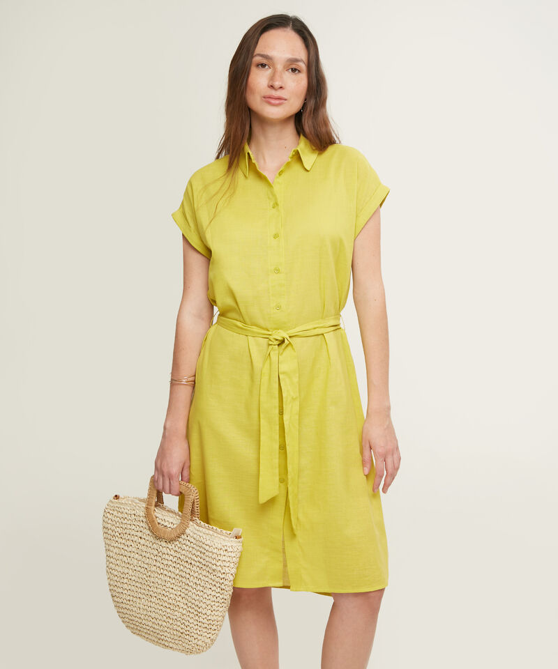 Vestido Camisero En Lino Unicolor