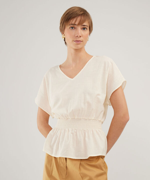 Blusa Unicolor Manga Corta, Escote V Con Encauchado En Cintura, Nautico Artesanal Línea Moda image number null