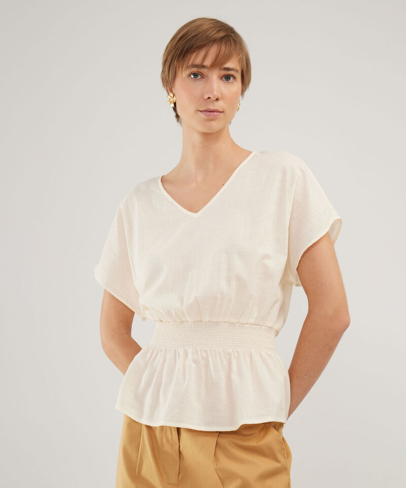 Blusa Unicolor Manga Corta, Escote V Con Encauchado En Cintura, Nautico Artesanal Línea Moda
