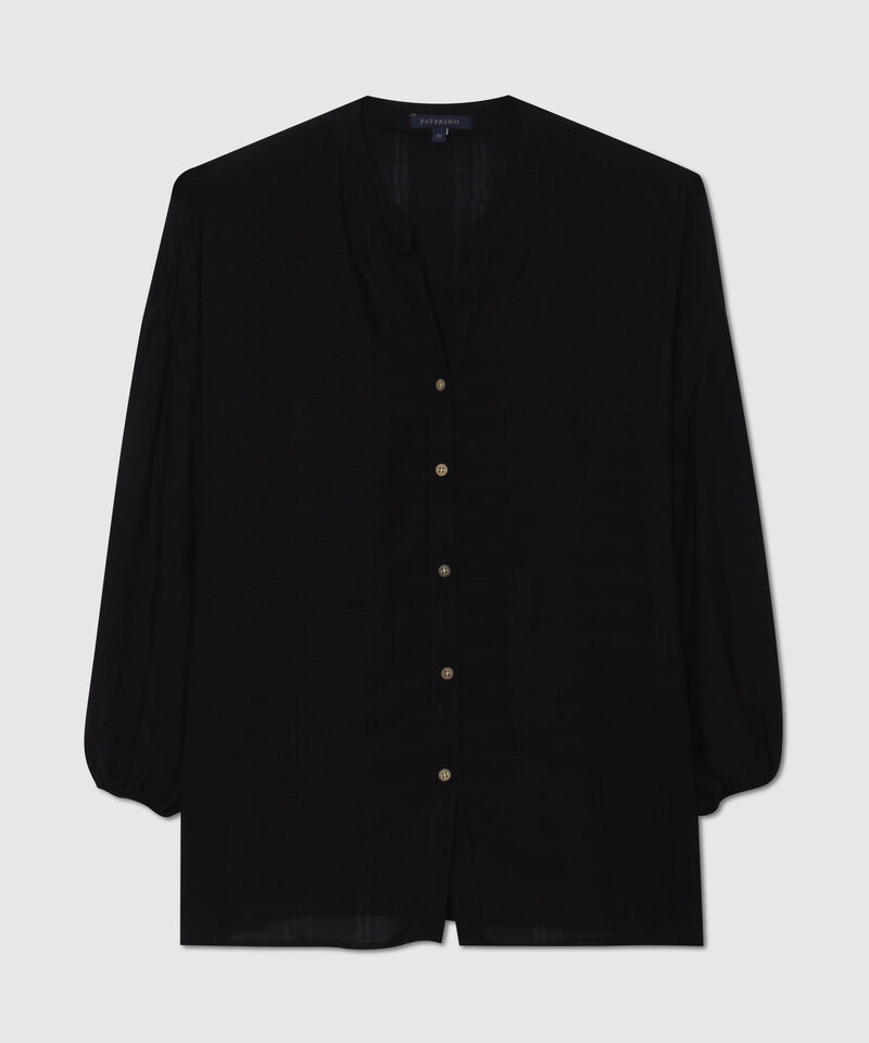 Blusa Unicolor Manga 3/4 Bombacha, Cuello Nerú, Escote En V Con Botonadura