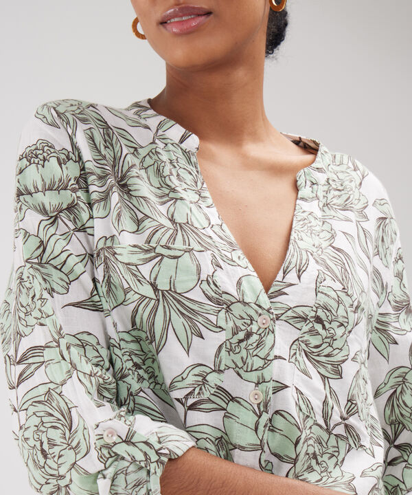 Blusa Manga Larga Estampada En Lino