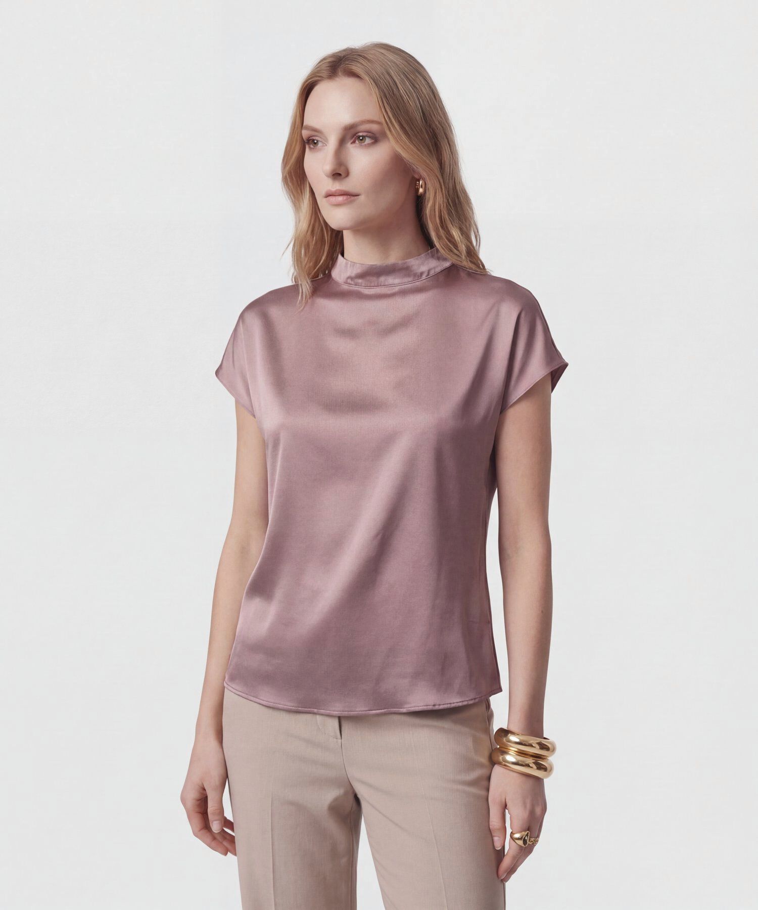 Blusa Unicolor De Cuello Alto Para Mujer